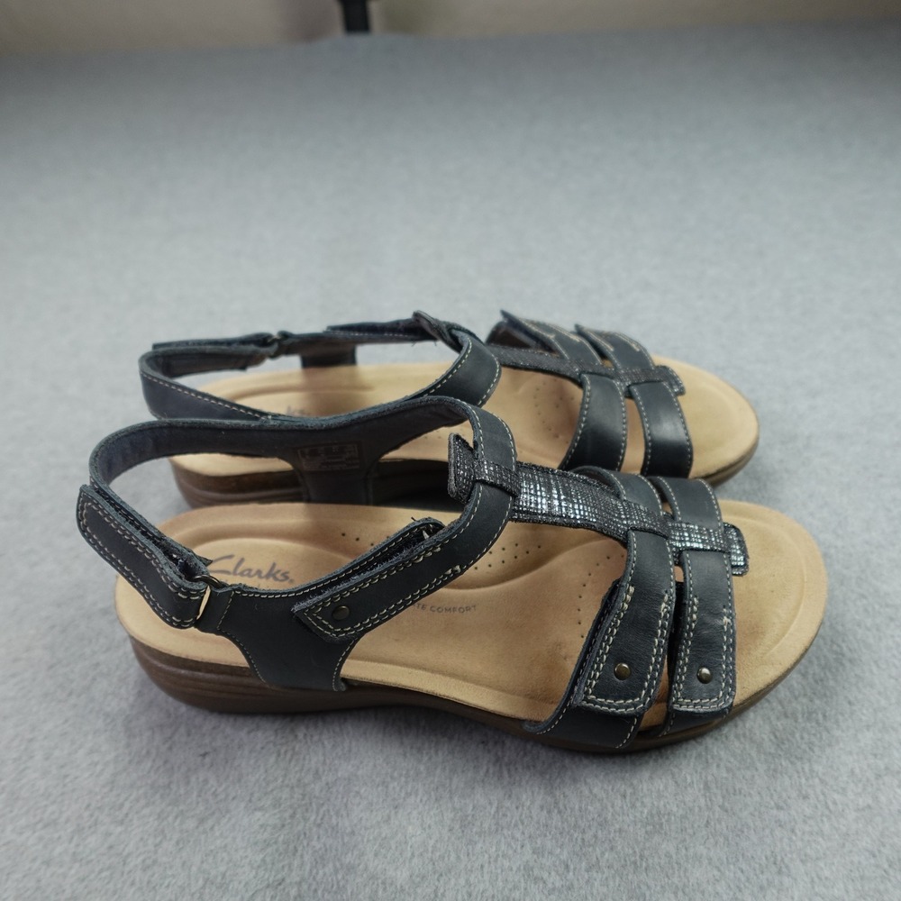 Clarks Sandals Womens 9.5 W Navy Blue April Cove Leather Strappy Slingback